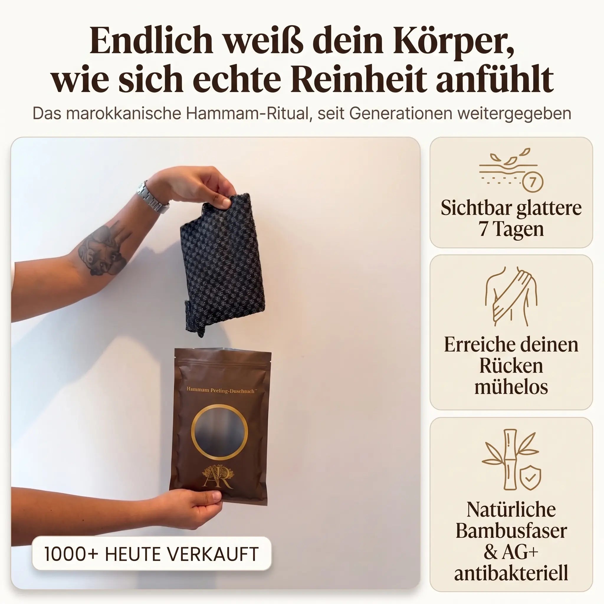 Premium Hammam Peeling Duschtuch™ aus Bambusfaser, Aktivkohle & AG+ Silberionen