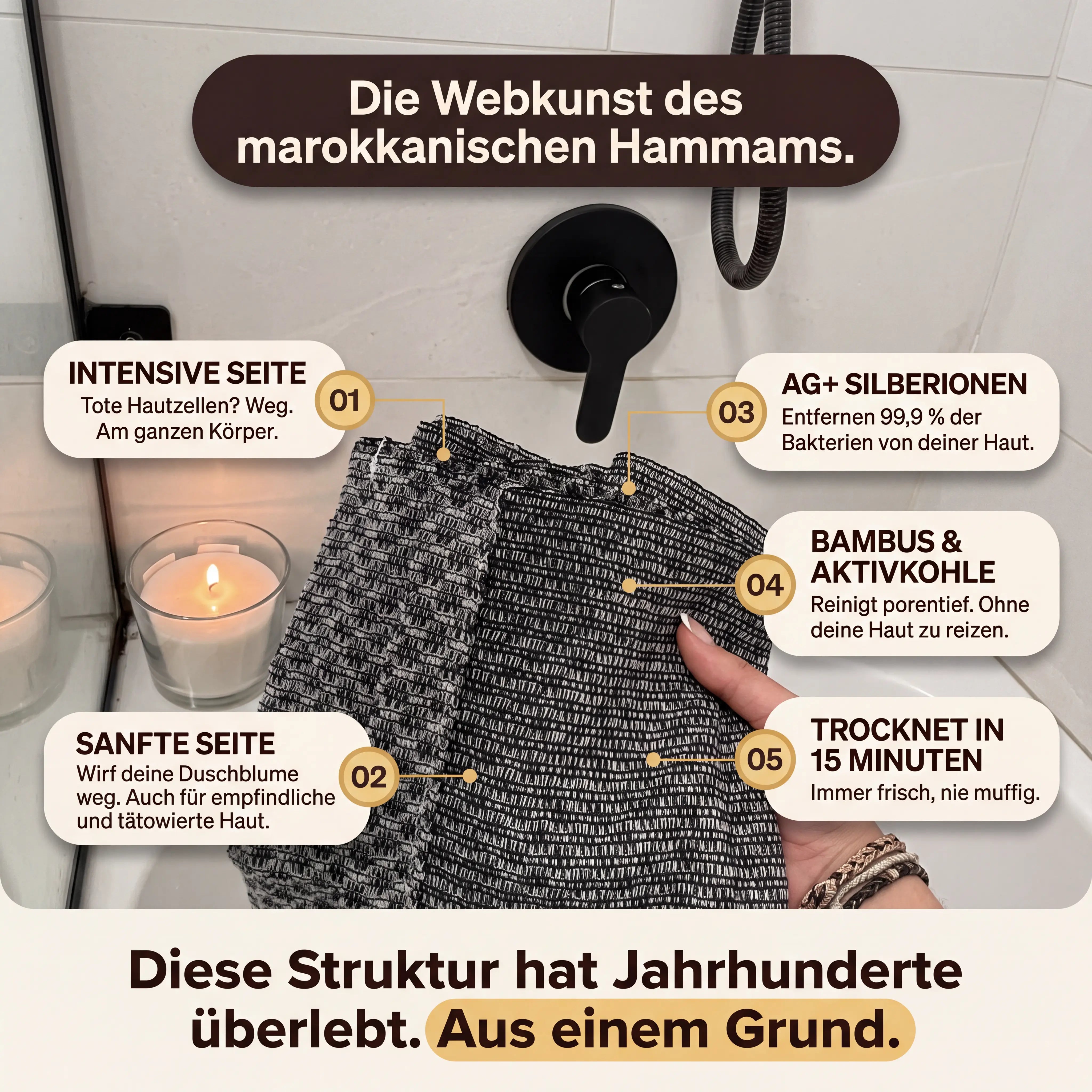 Premium Hammam Peeling Duschtuch™ aus Bambusfaser, Aktivkohle & AG+ Silberionen